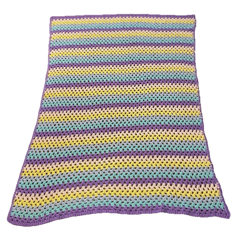 Handmade Crocheted Baby Blanket Afghan Pastel Purple Aqua Yellow